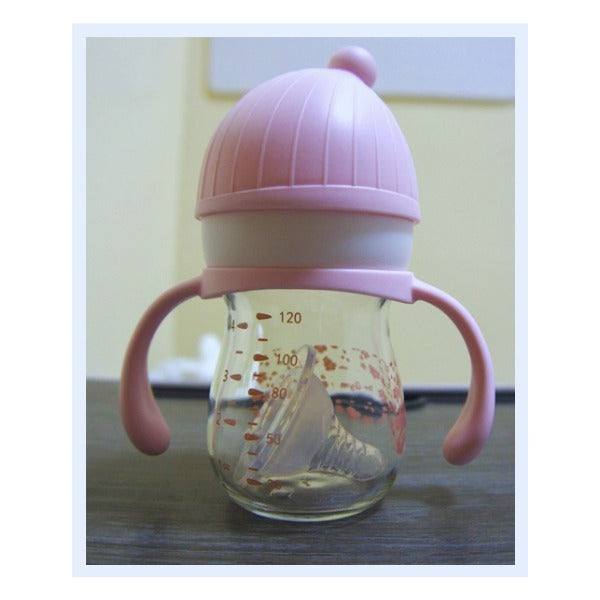 Baby Glass Feeding Bottle with Handles – 120 mL, Premium Glass, Anti-Colic pink