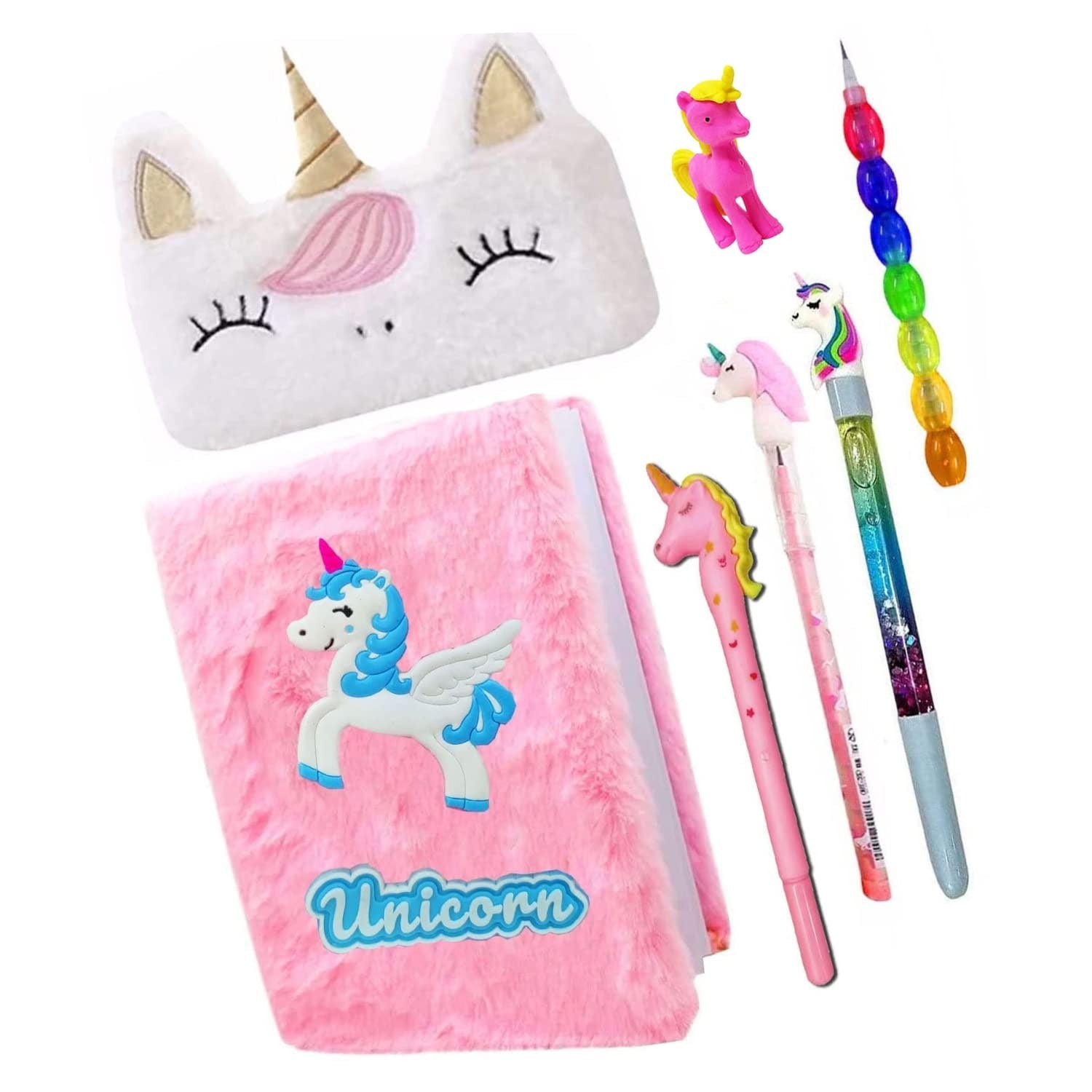 Unicorn Diary Notebook For Girls With Fur Pencil Box, Pencil Pouch, Pen, Bullet Pencil, Designer Eraser
