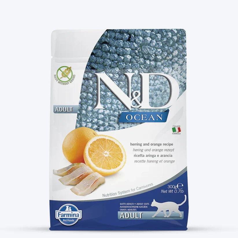 N&D Herring and Orange Ocean Adult Cat Dry Food,Grain-free cat food, Healthy adult cat food, Premium cat food, Natural cat food, Nutrient-rich cat food, Omega-3 cat food, Balanced diet cat food