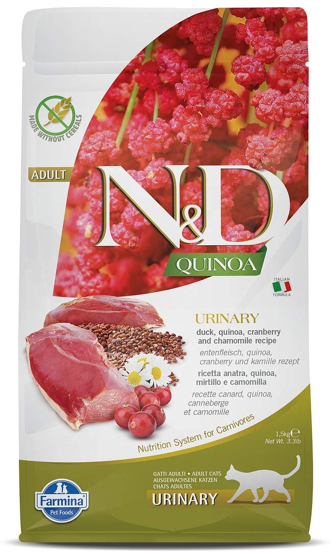 N&D Quinoa Urinary Grain Free Duck Cranberry and Chamomile Adult Cat Dry Food,Chamomile cat food, Urinary support cat food, Adult cat dry food, High protein cat food, Digestible cat food, Healthy urinary tract cat food