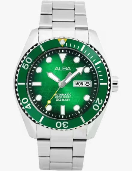 Alba AL4437X1 Green Dial with White Metal Strap Automatic Watch.