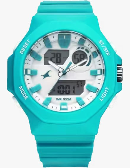Fastrack Streetstyle Quartz Digital Silver Dial Teal PU Strap Watch For Guys.