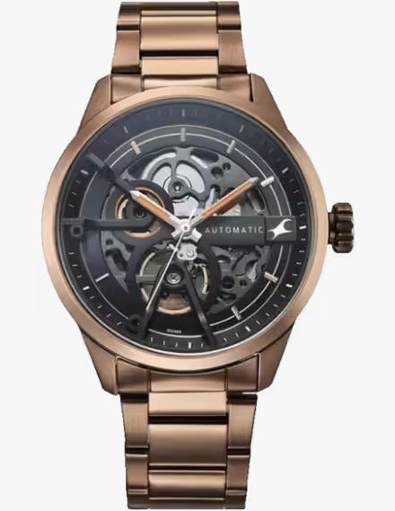 Fastrack Automatics Black Dial Brown Metal Strap Automatic Watch for Guys,
