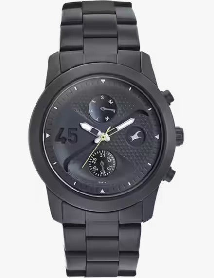 Fastrack Go Skate Quartz Multifunction Black Dial Stainless Steel Strap Watch.
