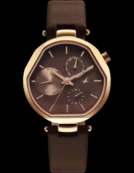 Fastrack Tik Tok Quartz Multifunction Brown Dial Leather Strap Watch For Girls