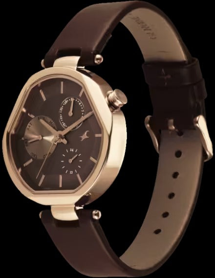 Fastrack Tik Tok Quartz Multifunction Brown Dial Leather Strap Watch For Girls