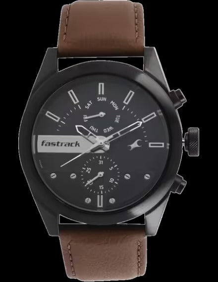 Fastrack All Nighters Quartz Multifunction Black Dial Leather Strap Watch for Guys. 