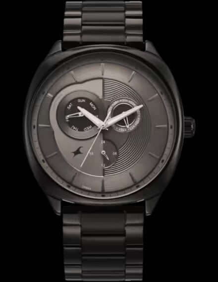 Fastrack Tick Tock Quartz Multifunction Black Dial Black Metal Strap Watch for Guys