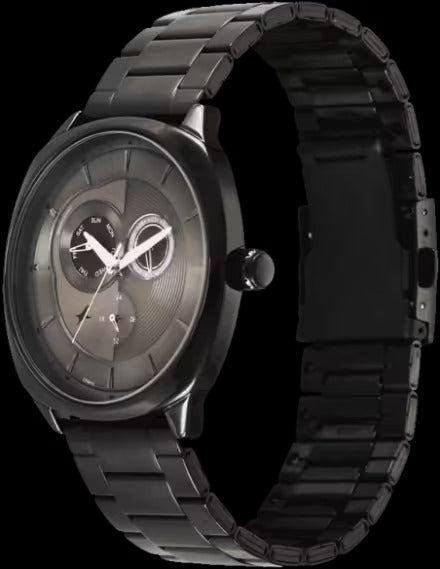 Fastrack Tick Tock Quartz Multifunction Black Dial Black Metal Strap Watch for Guys