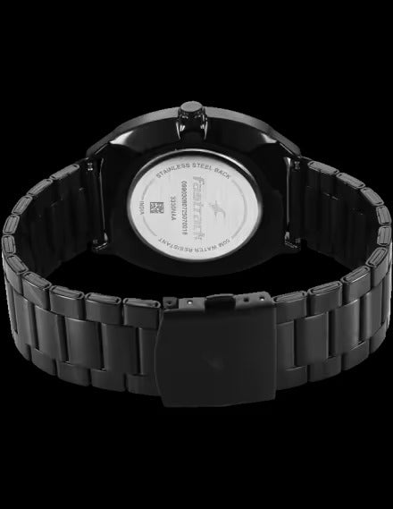 Fastrack Tick Tock Quartz Multifunction Black Dial Black Metal Strap Watch for Guys