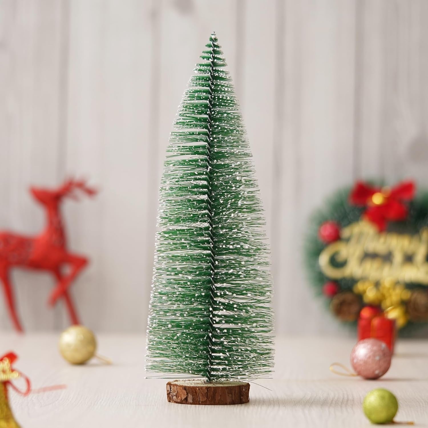 Christmas Snow-Frosted Decoration Tree | Mini Snow-Frosted with Wooden Base | Small Holiday Tabletop Decor | Winter Wonderland Ornament for Home, Office & Parties