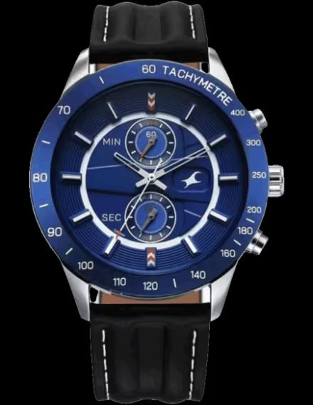 Fastrack Overdrive Quartz Chronograph Tachymeter Blue Dial Black Leather Strap Watch for Guys.