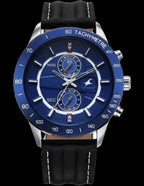 Fastrack Overdrive Quartz Chronograph Tachymeter Blue Dial Black Leather Strap Watch for Guys.