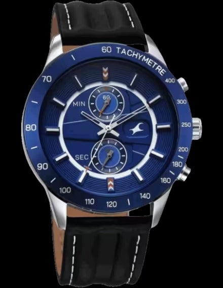 Fastrack Overdrive Quartz Chronograph Tachymeter Blue Dial Black Leather Strap Watch for Guys.