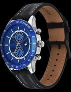 Fastrack Overdrive Quartz Chronograph Tachymeter Blue Dial Black Leather Strap Watch for Guys.