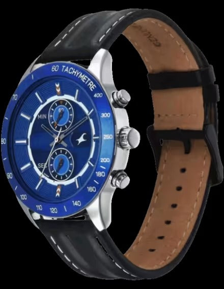 Fastrack Overdrive Quartz Chronograph Tachymeter Blue Dial Black Leather Strap Watch for Guys.