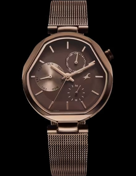 Fastrack Tik Tok 5.0 41.5 mm Brown Dial Stainless Steel Analogue Watch For Girls.