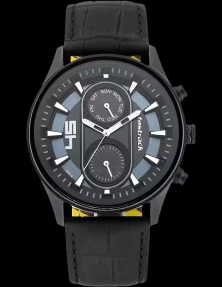 Fastrack Fastfit Quartz Analog with Day and Date Black Dial Leather Strap Watch for Guys.
