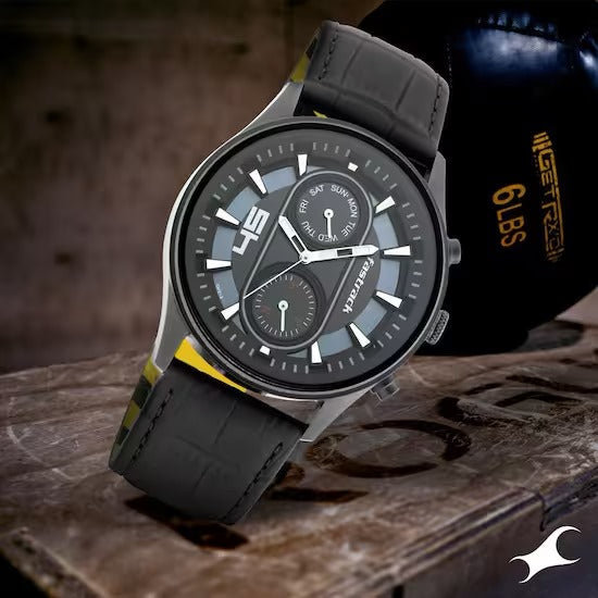 Fastrack Fastfit Quartz Analog with Day and Date Black Dial Leather Strap Watch for Guys.