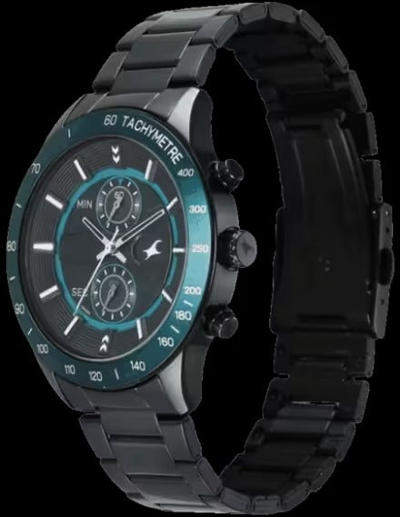 Fastrack Overdrive Quartz Chronograph Tachymeter Black Dial Black Stainless Steel Strap Watch