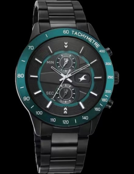 Fastrack Overdrive Quartz Chronograph Tachymeter Black Dial Black Stainless Steel Strap Watch