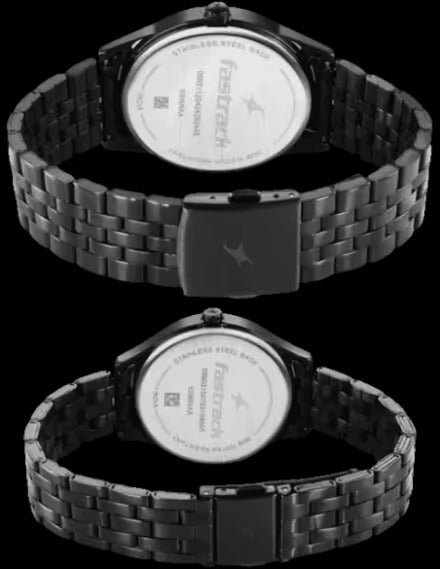 Fastrack Mixmatched Quartz Analog Black Dial With Black Metal Strap Watch For Couple.