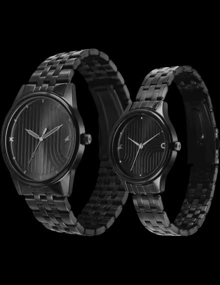 Fastrack Mixmatched Quartz Analog Black Dial With Black Metal Strap Watch For Couple.