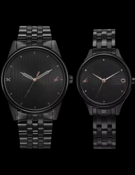 Fastrack Mixmatched Quartz Analog Black Dial With Black Metal Strap Watch For Couple.