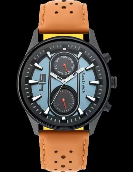 Fastrack FastFit Quartz Analog with Day and Date Blue Dial Leather Strap Watch