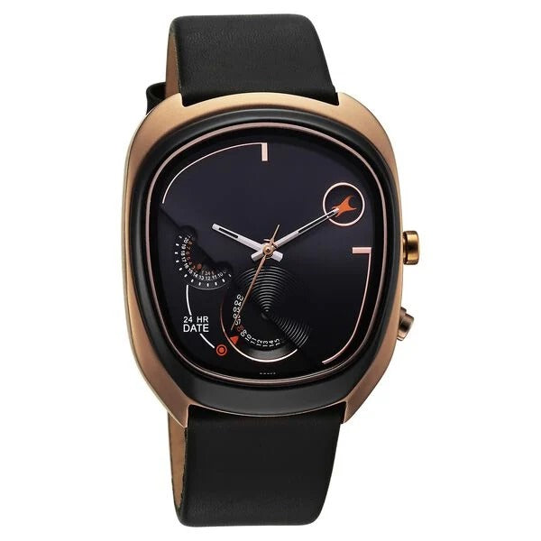 Fastrack UFO Quartz Multifunction Black Dial Black Leather Strap Watch