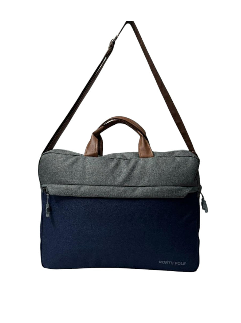 North Pole laptop messenger bag in a two-tone blue and grey canvas material with brown faux leather handles.
