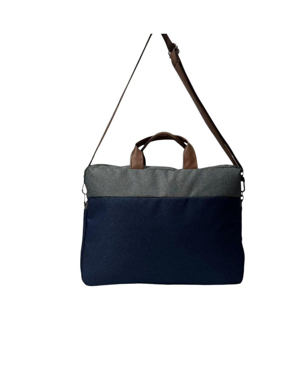 North Pole laptop messenger bag in a two-tone blue and grey canvas material with brown faux leather handles.