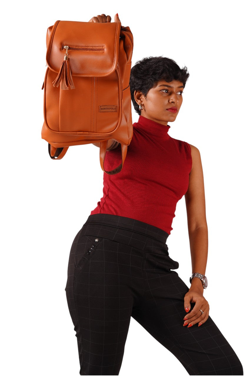 North Pole| Backpack Artificial Leather picnic bag for girls  (Brown),Lightweight Picnic Backpack ,Durable Girls Backpack, Zipper Closure Backpack ,Adjustable Strap Backpack