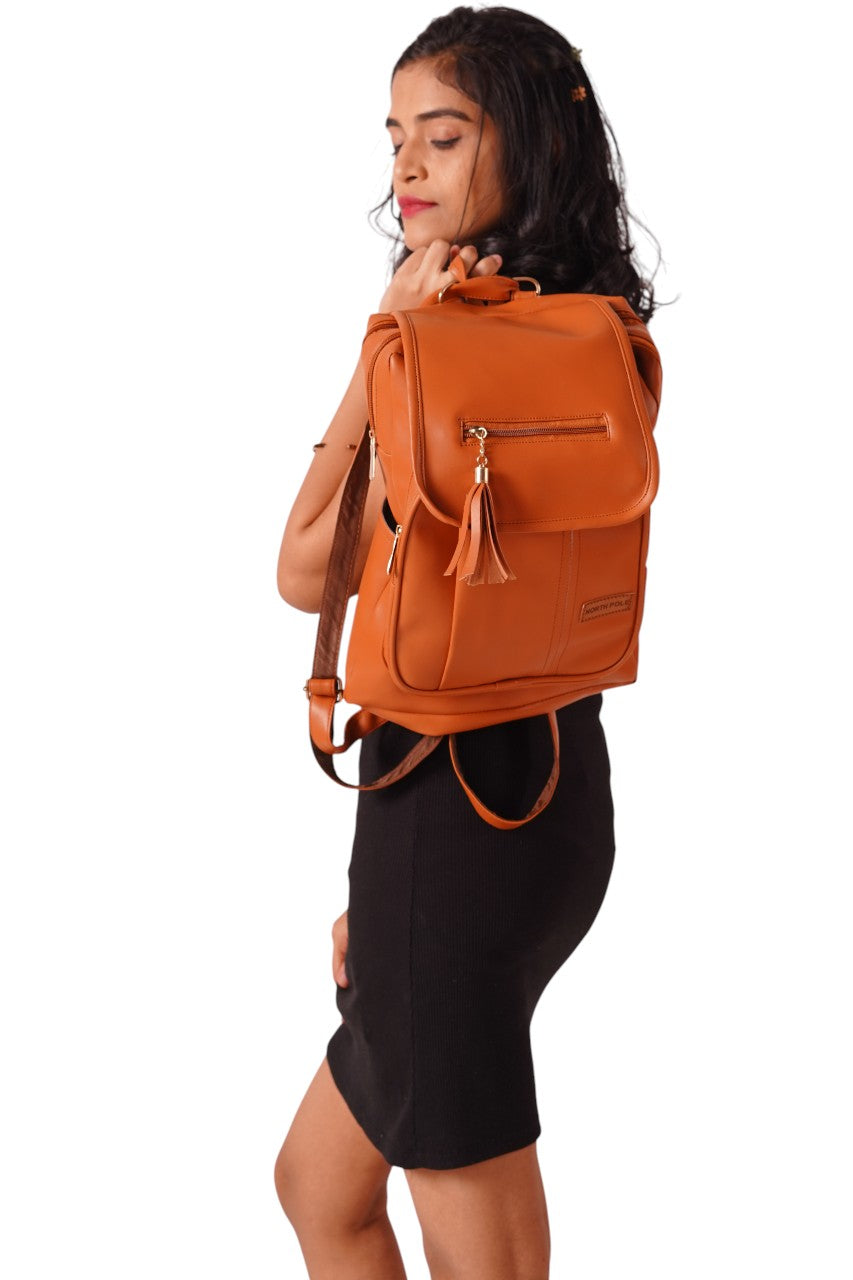 North Pole| Backpack Artificial Leather picnic bag for girls  (Brown),Lightweight Picnic Backpack ,Durable Girls Backpack, Zipper Closure Backpack ,Adjustable Strap Backpack