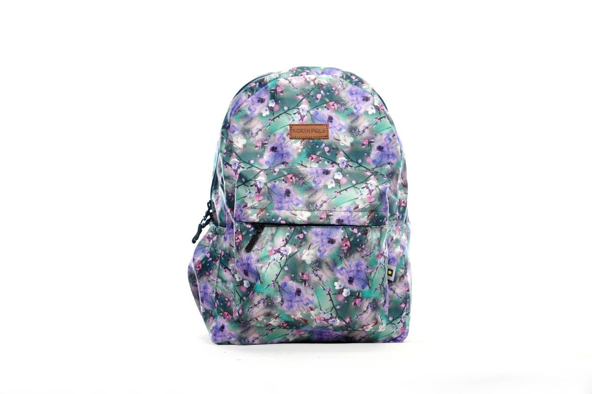 North Pole| Backpack with a purple and green floral print.Casual backpack, School backpack, College backpack, Travel backpack, Laptop backpack, Colorful backpack