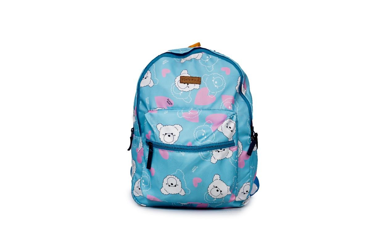 Backpack - Light blue backpack with a white bear and pink heart pattern | Cute aesthetic backpack | Fashion backpack for girls | Daily use school bag | Play school backpack | Casual kids backpack