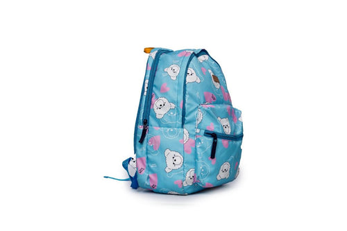 Backpack - Light blue backpack with a white bear and pink heart pattern | Cute aesthetic backpack | Fashion backpack for girls | Daily use school bag | Play school backpack | Casual kids backpack