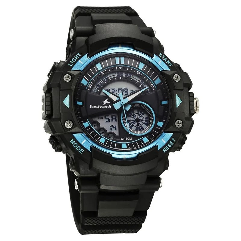 Fastrack StreetStyle Quartz Digital Black and Blue Dial Black PU Strap Unisex Watch