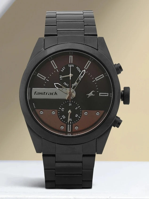 Fastrack All Nighters Quartz Multifunction Brown Dial Metal Strap Watch for Guys