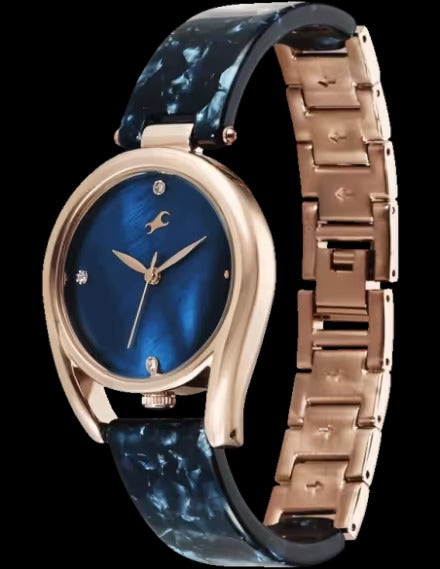Fastrack Younique Quartz Analog Blue Mother Of Pearl Dial Two Toned Acetate & Metal Strap Watch For Girls