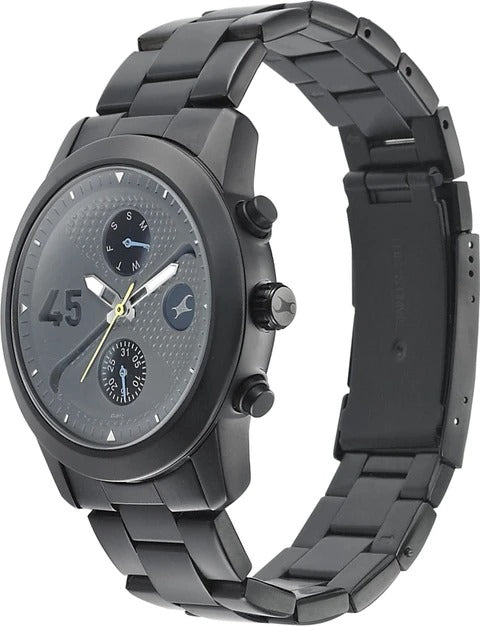Fastrack Go Skate Multifunction Black Dial Black Stainless Steel Strap Analog Watch for Men