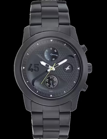 Fastrack Go Skate Multifunction Black Dial Black Stainless Steel Strap Analog Watch for Men