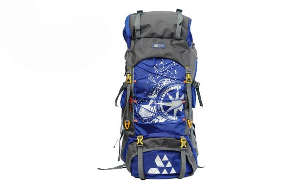 North Pole| NAVIGATOR 75L RUCKSACK - (Blue) Compression straps | Multi-level organization | Padded shoulder straps | Front pocket rucksack | Multiple external zip pockets | Drawstring + zipper closure | Top flap support closure | Lightweight rucksack
