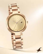 Fastrack Stunners Quartz Analog Golden Dial Stainless Steel Strap Watch for Girls.