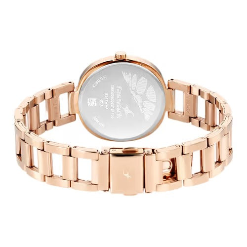 Fastrack Stunners Quartz Analog Golden Dial Stainless Steel Strap Watch for Girls.