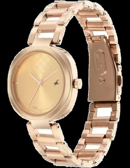 Fastrack Stunners Quartz Analog Golden Dial Stainless Steel Strap Watch for Girls.