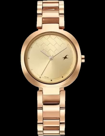 Fastrack Stunners Quartz Analog Golden Dial Stainless Steel Strap Watch for Girls.