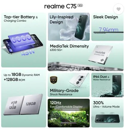 REALME - RMX3943 C75 5G 4GB 128GB MIDNIGHT LILLY,Realme C75 5G, RMX3943, Realme mobile phone, 4GB RAM, 128GB storage, Midnight Lilly, budget 5G phone,