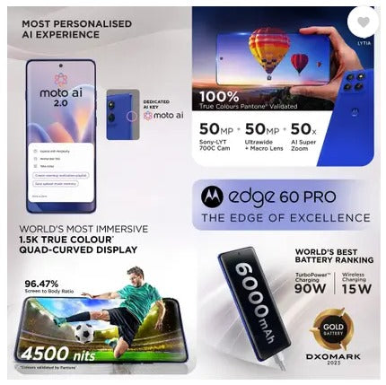 MOTO EDGE 60 PRO 8GB 256GB PANTONE DAZZLING BLUE,Motorola, Edge 60 Pro, Pantone Dazzling Blue, 8GB RAM, 256GB storage, 6000 MAh battery, 6.7″ POLED display,