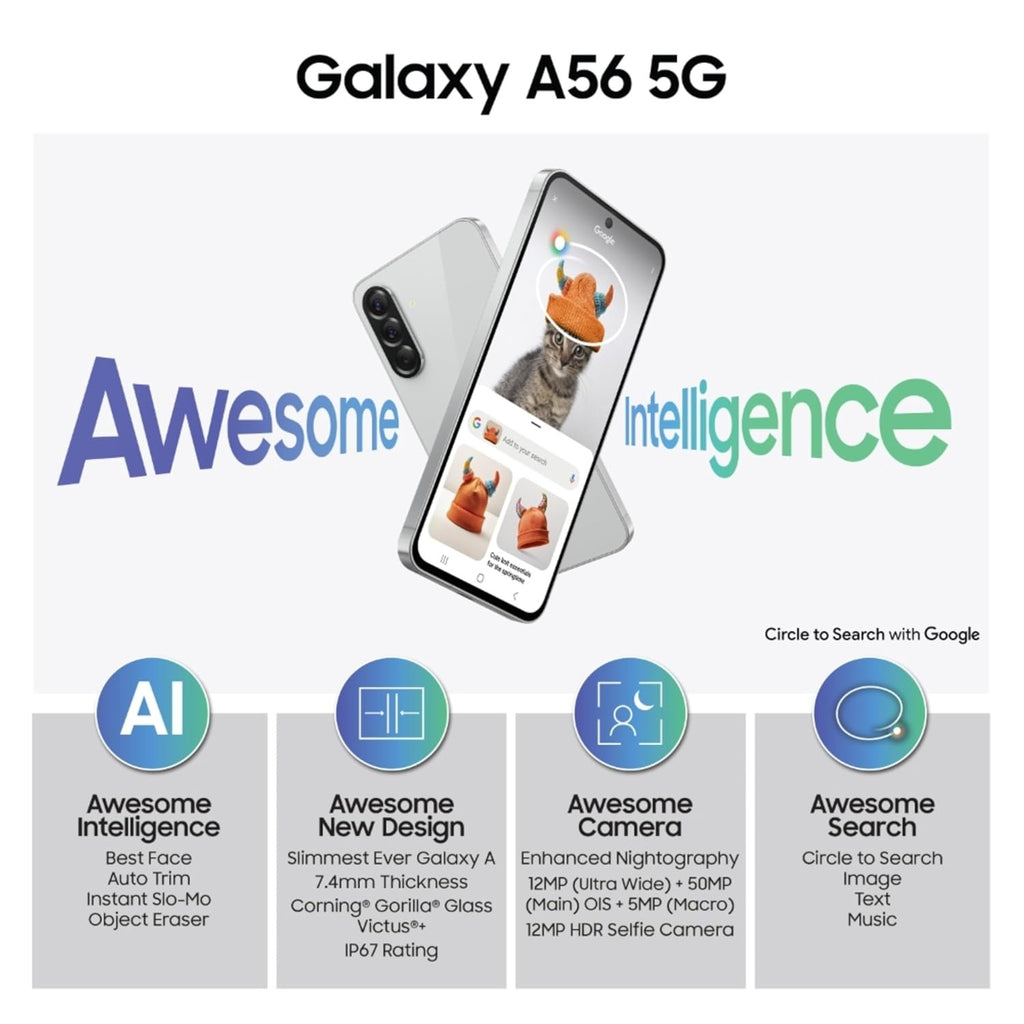 SAMSUNG - A566E GALAXY A56 5G 12GB 256GB GRAY,5G smartphone, 12GB RAM, 256GB storage, 5000mAh battery, Super AMOLED display, Exynos 1580, Android 15,